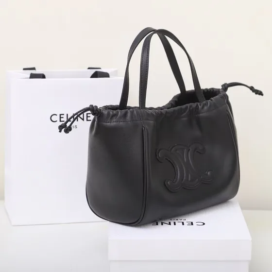 Celine Cuir Triomphe Drawstring Cabas Black Tote Bag