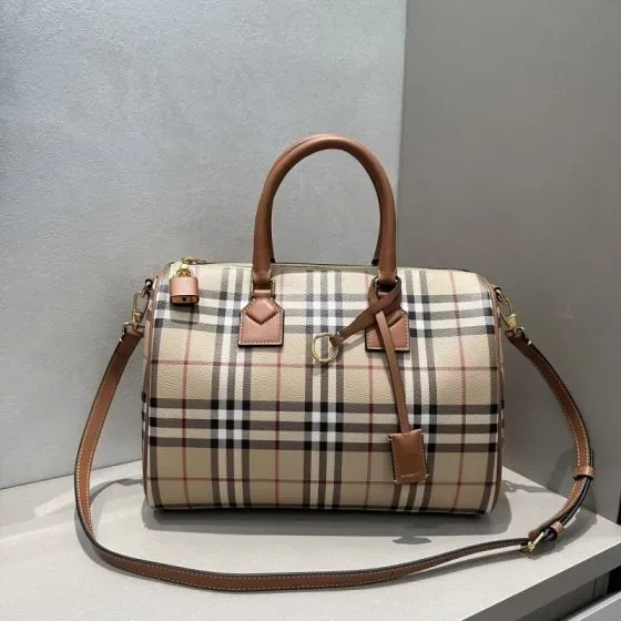 Burberry Check Leather Bowling Bag Beige Briar Brown Top Handle