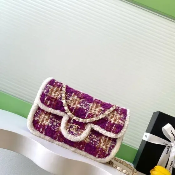 Chanel Classic Flap Purple Plaid White Shearling Flap Bag