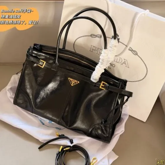 Prada Bonnie Soft Handbag Black Top Handle
