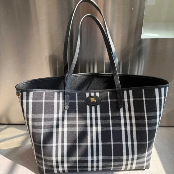 Burberry Check Canvas Tote Bag Black White Charcoal Plaid Dark Base Tote Bag