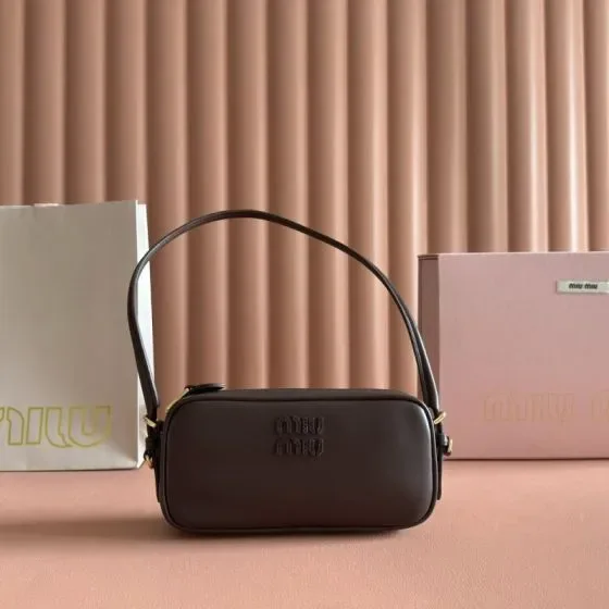 Miu Miu Embossed Logo Leather Shoulder Bag Dark Brown Shoulder Bag