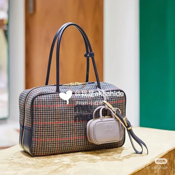 Miu Miu Check Fabric Beau Bag Brown Plaid Top Handle