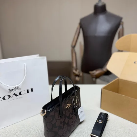 Coach Mini City Tote In Signature Canvas Black Brown Tote Bag