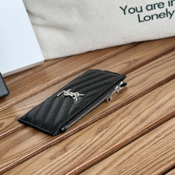 YSL Cassandre Matelassé Zipped Card Case Noir Card Holder