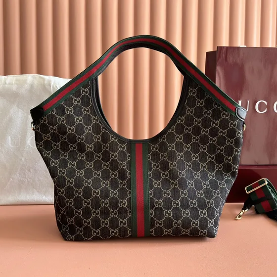 Gucci Gg Tela Web Hobo Bag With Portaoggetti Nero/Marrone Hobo
