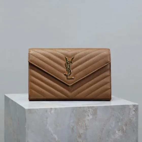 YSL Cassandre Matelass Envelope Chain Wallet Brown Woc