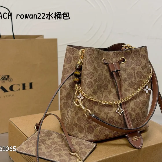 Coach Rowan Bucket Bag 22 Khaki Brown Signature 22cm Crossbody