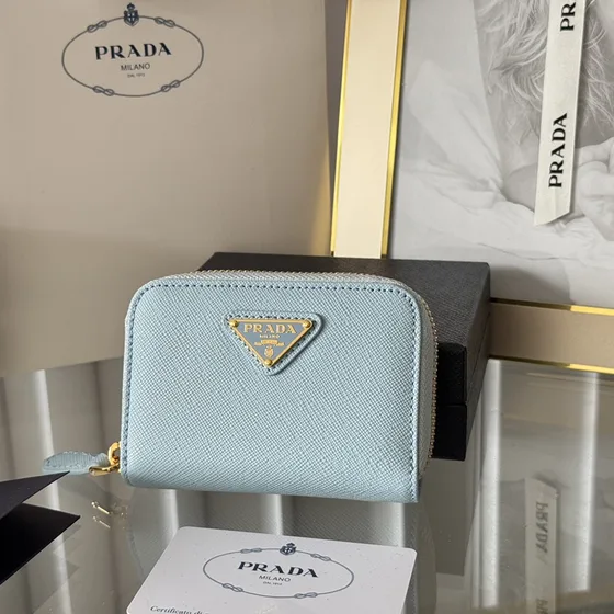 Prada Saffiano Zip Around Coin Purse Light Blue Coin Purse