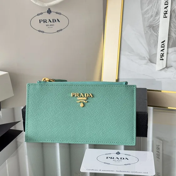 Prada Saffiano Couro Card Holder With Zipper Pocket Mint Verde Card Holder