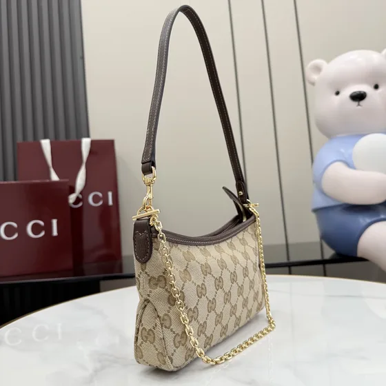 Gucci Gg Canvas Mini Shoulder Bag With Chain Beige Brown Shoulder Bag