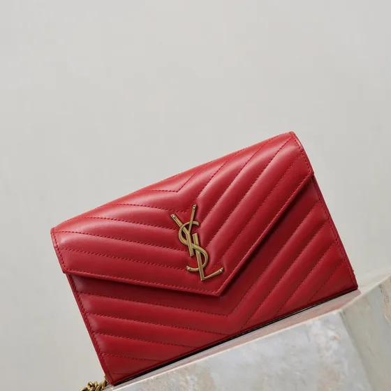 YSL Cassandre Matelass Envelope Chain Wallet Red Woc