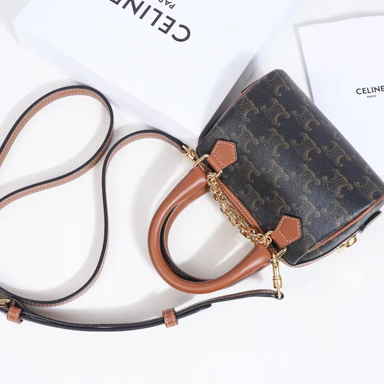 Celine Triomphe Mini Boston Bag بني Top Handle