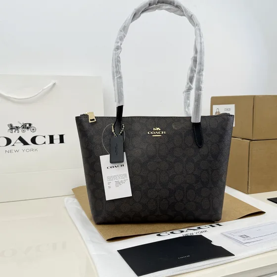Coach Zip Top Tote In Signature Canvas Brown Black Tote Bag