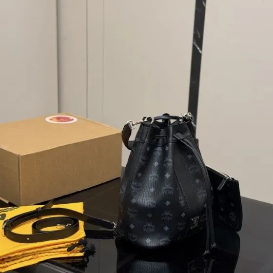 MCM Aren Visetos Drawstring Bucket Bag Black Crossbody