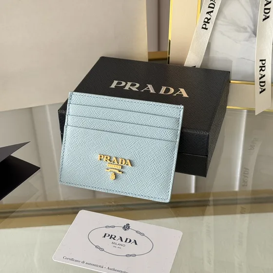Prada Saffiano Leather Card Holder Light Blue Card Holder