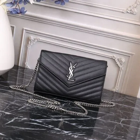 YSL Cassandre Envelope Chain Wallet Black Woc