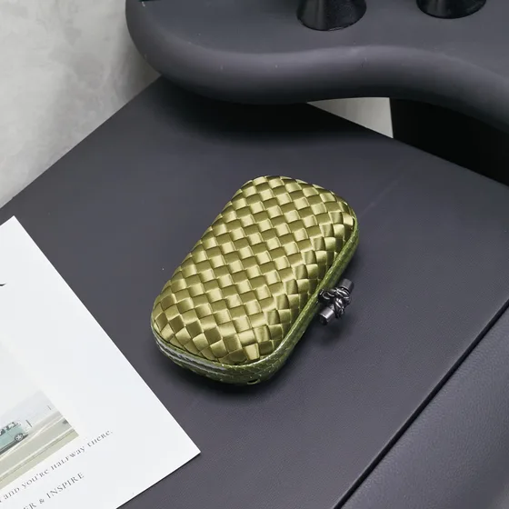 Bottega Veneta Intreccio Satin Knot Clutch Olive Green Clutch