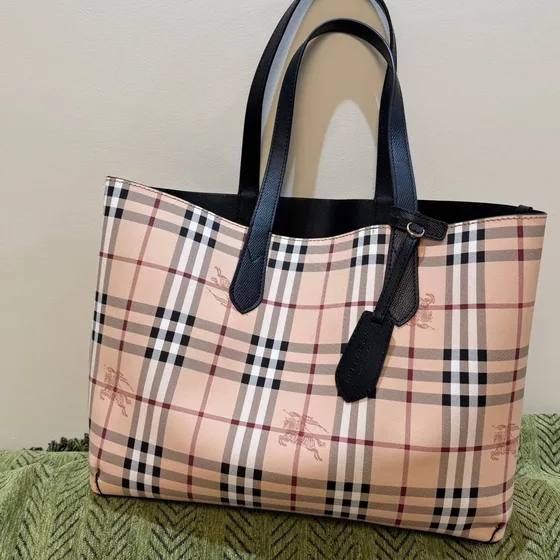 Burberry Haymarket Check Tote Brown Check Black Tote Bag