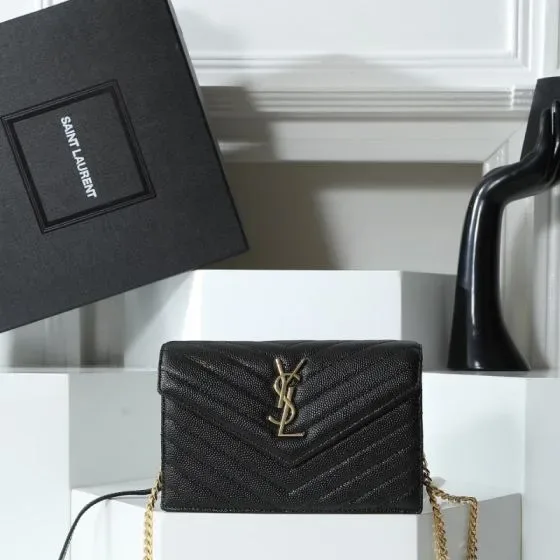 YSL Cassandre Matelass Envelope Chain Wallet Black Woc