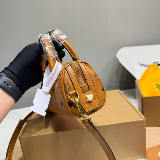 MCM Essential Boston Bag In Visetos Original Cognac Top Handle