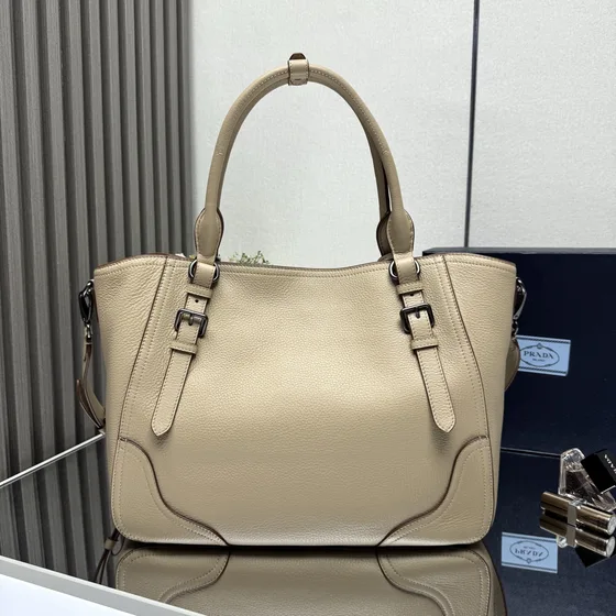 Prada Leather Handbag With Shoulder Strap Beige Tote Bag
