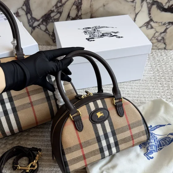 Burberry Check Crossbody Bowling Bag Beige Brown Top Handle