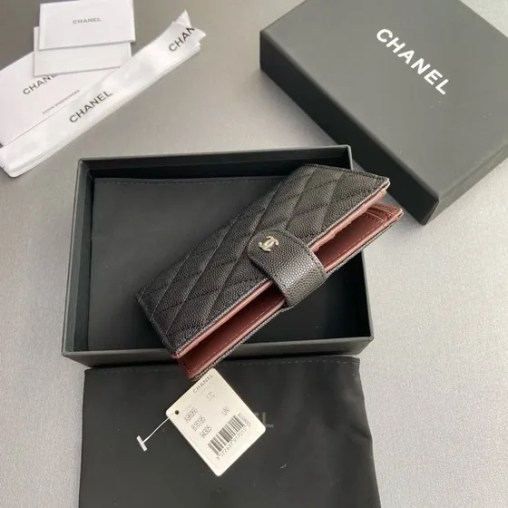 Chanel Quilted Grained Kulit anak lembu French Wallet Gray Card Holder