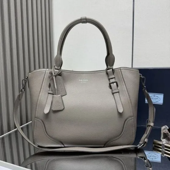 Prada Leather Top Handle Bag Gray Top Handle