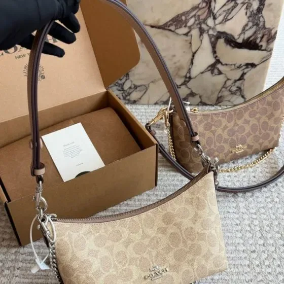 Coach Zip Shoulder Bag In Signature Canvas Khaki Brown Shoulder Bag