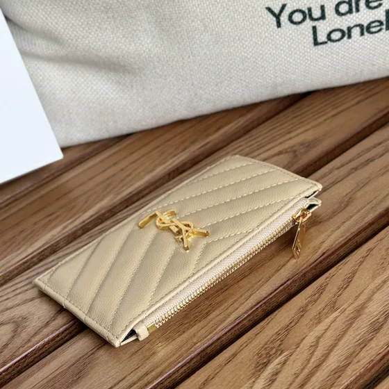 YSL Cassandre Matelassé Fragments Zipped Card Case Beige Card Holder