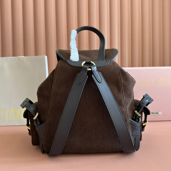 Miu Miu Corduroy Leather-Trimmed Backpack Brown Backpack