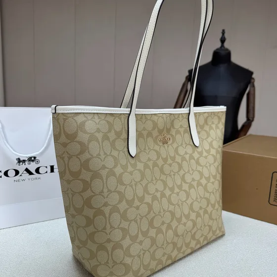 Coach City Tote 33 Khaki/Белый 33cm Сумка-шоппер