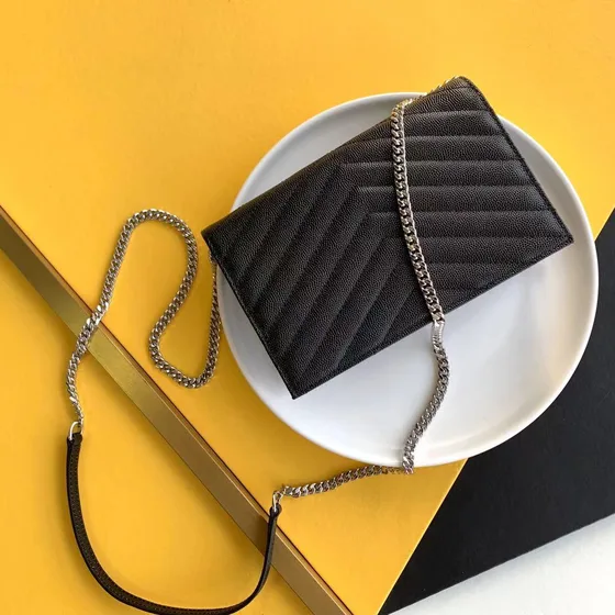 YSL Cassandre Matelass Envelope Chain Wallet Black Woc
