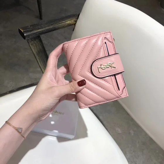 YSL Gaby Quilted Lambskin Card Case With Zip Coin Purse Pink Card Holder