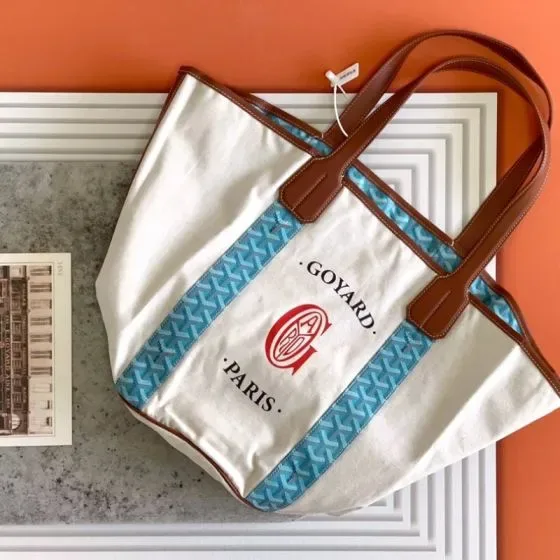 Goyard Saint Louis Reversible Tote White Brown Turquoise Tote Bag
