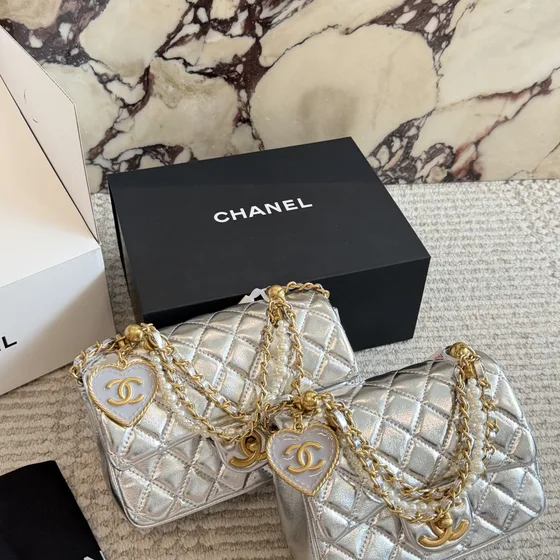 Chanel Heart Charm Pearl Chain Flap Bag Metallic Gold Flap Bag