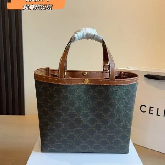 Celine Cabas Triomphe Tan Brown Triomphe Canvas With Brown Lea Tote Bag