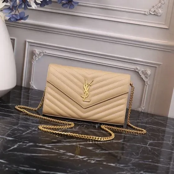 YSL Cassandre Envelope Chain Wallet Beige Woc