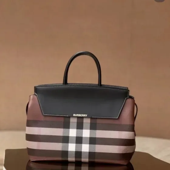 Burberry Check And Leather Top Handle Bag Brown Black Top Handle