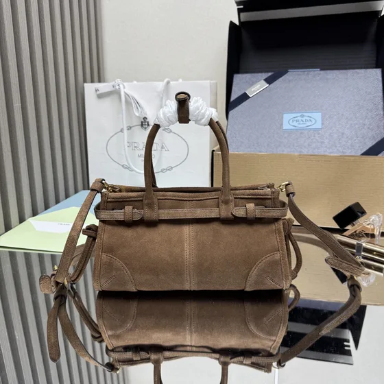 Prada Suede Medium Top Handle Bag With Belt Brown Top Handle