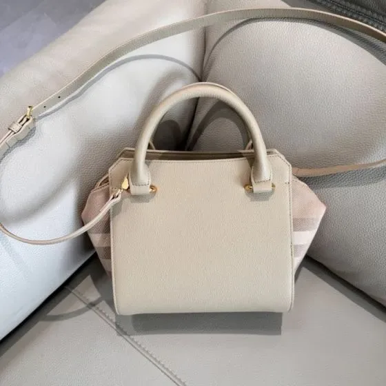 Burberry Check Detail Leather Top Handle Bag Off-White With Light Pink Check Top Handle
