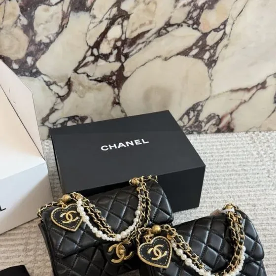 Chanel Pearl Love Heart Chain Flap Bag Black Flap Bag