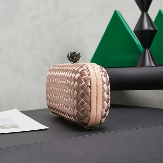 Bottega Veneta Intreccio Satin Knot Clutch Champagne Clutch