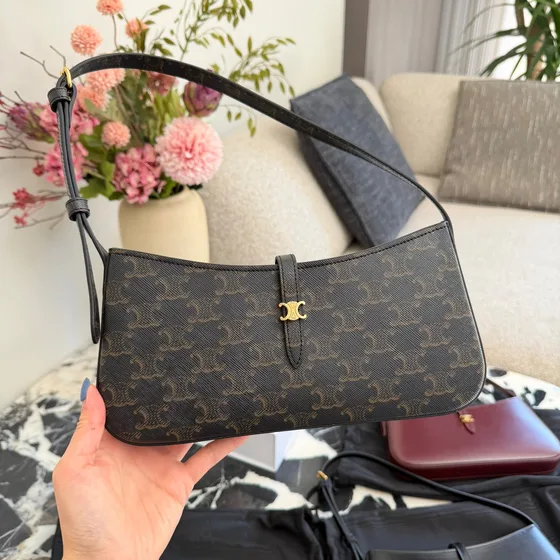 Celine Tilly Bag Marrone Triomphe Tela/Nero/Bordeaux Borsa a spalla