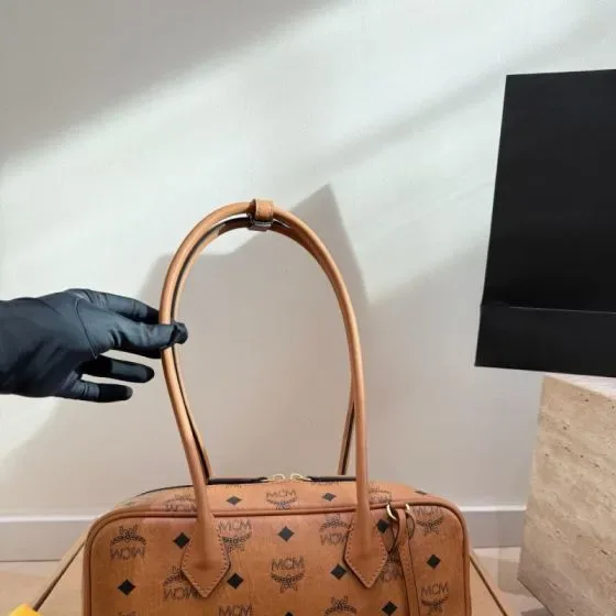 MCM Aren Boston Bag In Visetos Cognac Top Handle