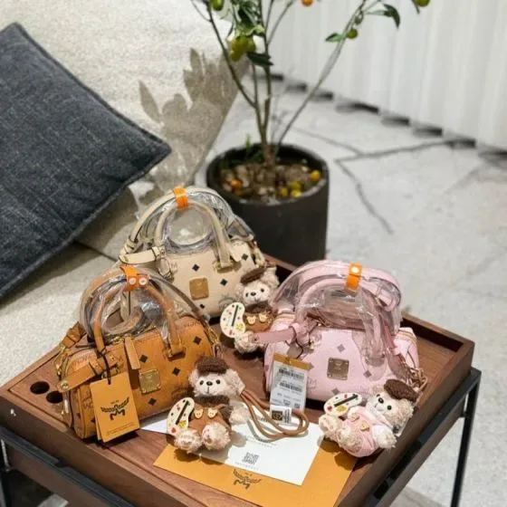 MCM Boston Bag Visetos Cognac Beige Powder Pink Top Handle