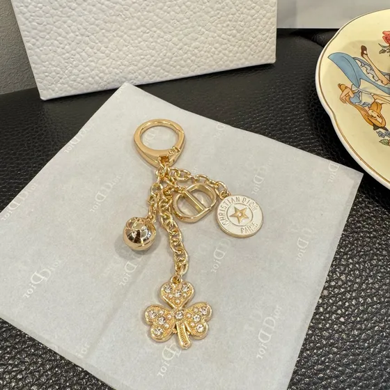 Dior Clover Lucky Key Ring Charm Silver Gold Pouch