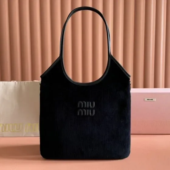 Miu Miu Corduroy Logo Tote Bag Black Tote Bag Shoulder Bag