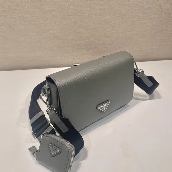 Prada Saffiano Leather Shoulder Bag With Detachable Pouch Gray Crossbody